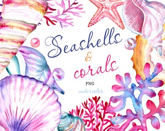Seashells Watercolor Clipart, Nautical ClipArt, Ocean Shell Starfish, Coral, Beach Wedding, Summer Clipart, Invitation - underwater clipart