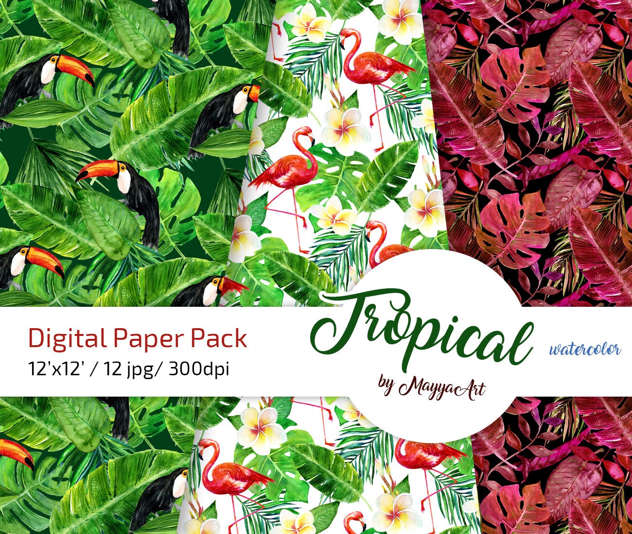 Tropical Leaves Seamless Pattern Watercolor Digital Paper - Etsy