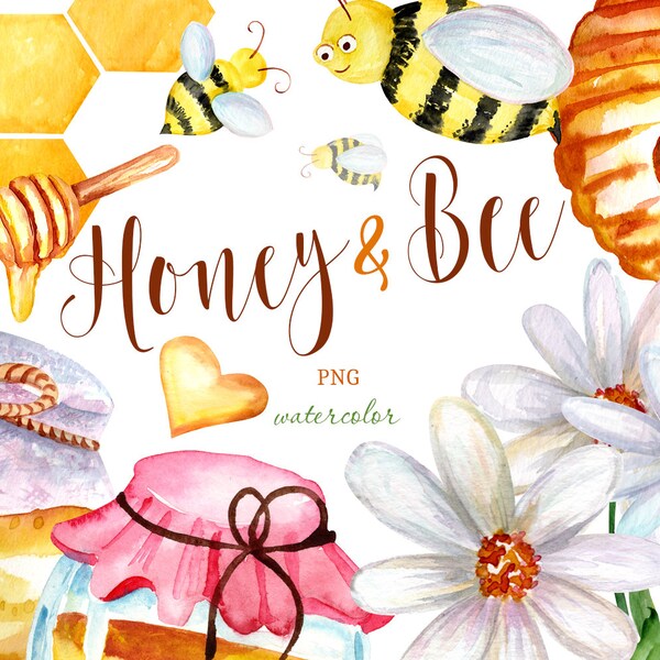 Watercolor Honey and Bee Clipart, Honey bees, hearts, Hand Painted Illustration digital clip art, Honey Jar, PNG