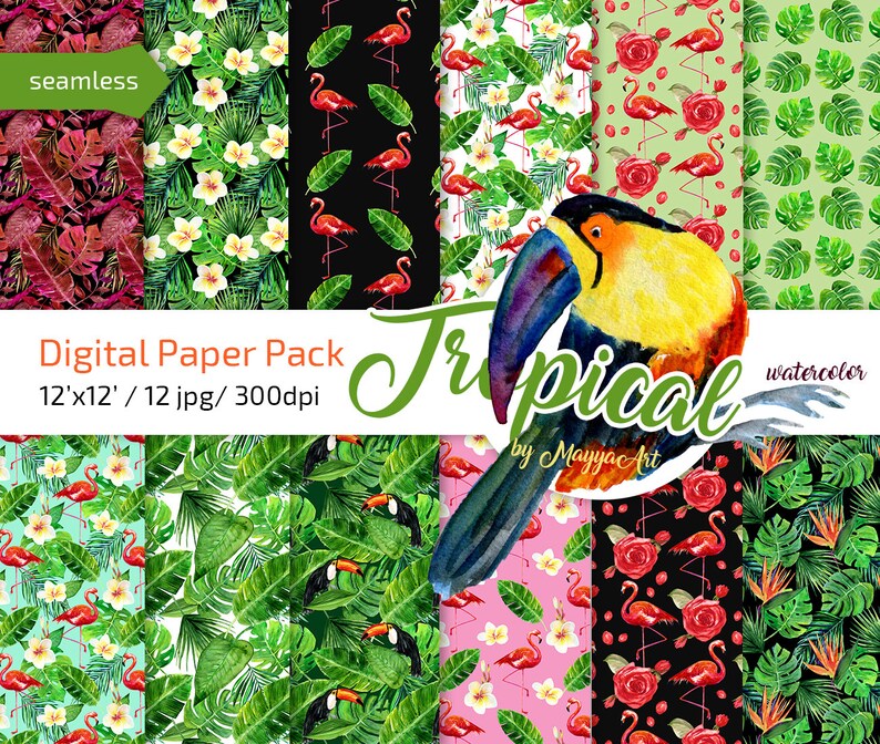 Tropical Leaves Seamless Pattern Watercolor Digital Paper - Etsy