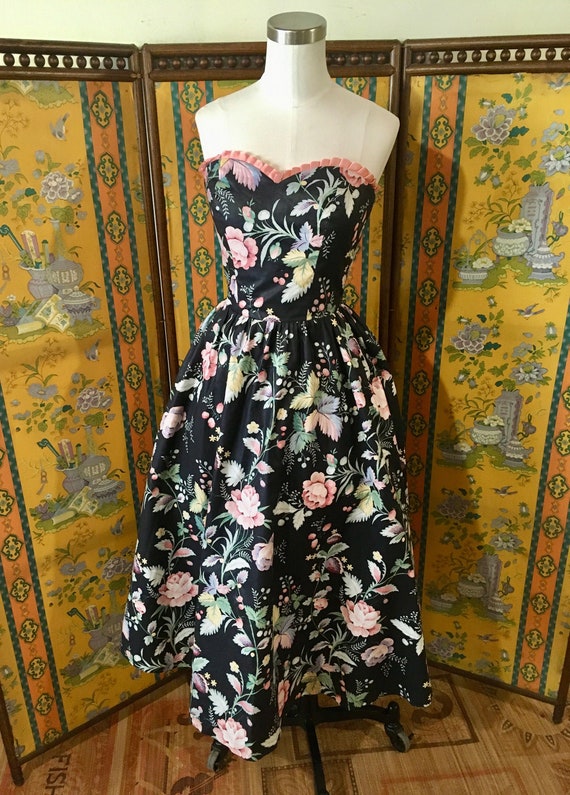 Vintage 1980's Dark Night Floral Party Dress ~ 80'
