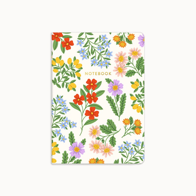 Beige - Floral Printed Handmade Classic Notebook with Pencil (Large)