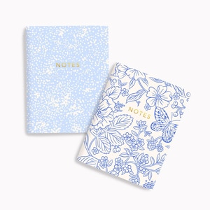 May include: Two notebooks. One has a pale blue cover with white speckles and the word "NOTES" in gold. The other notebook has a cream cover with blue floral and butterfly designs and the word "NOTES" in gold.