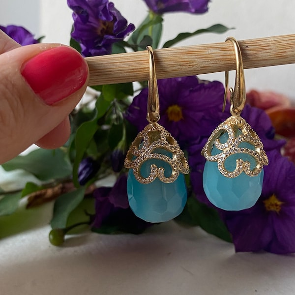 yellow gold chalcedony drop cocktail earrings