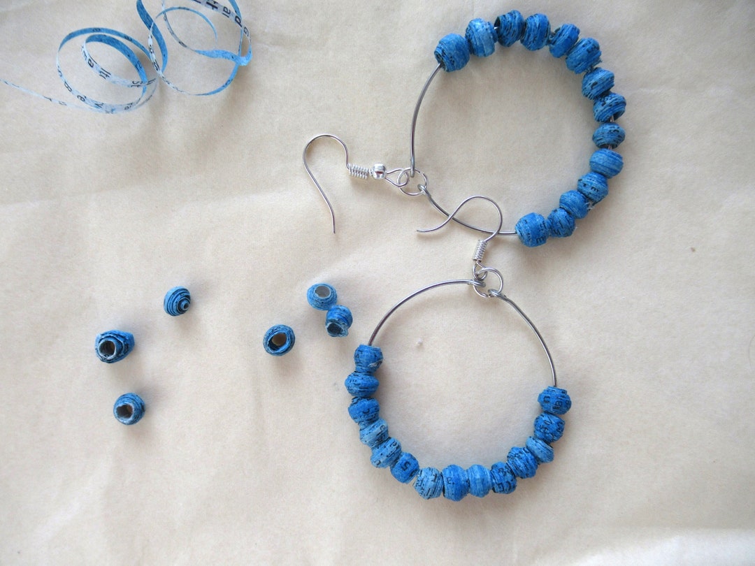 Blue Paper Bead Hoops Upcycled Paper Earrings Lightweight Etsy Australia