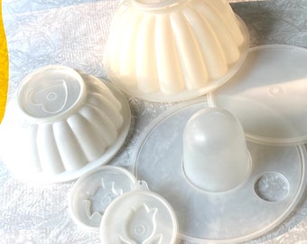 Vintage White Tupperware Jello Mold Nine Piece Set with Interchangeable Holiday Designs, Jel-N-Serve Tupperware Large and Small Jello Mold