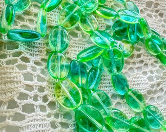 Vintage Uranium Czech Glass Beads - Green Blue Zircon Oval, 20 pc