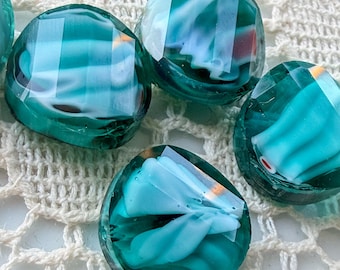 Perles de verre vénitiennes vintage à chevrons facettés en forme de rosette, perles superposées en forme d'étoile à vagues turquoise (6 pièces)
