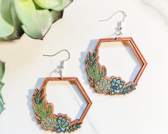 Boucles d'oreilles cactus hexagonales et succulentes