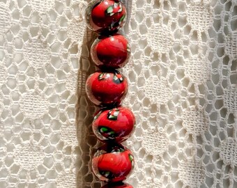 Perles de verre millefiori rouges vintage, canne florale en verre filé style Murano, fil de traite italien