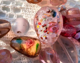 Perles de verre vintage style Murano | Verre filé or rose, Fiorato, Aventurina (14 pièces)