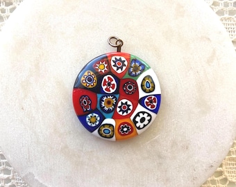 Pendentif vintage Murano Millefiori | Breloque disque en verre mosaïque italien (sans chaîne)