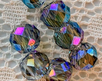Perles rondelles en cristal facetté vintage | 14 mm Smoke AB, style Art Déco européen (7 pièces)