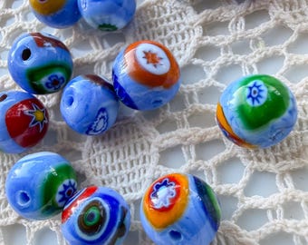 Vintage Murano Millefiori Glass Beads, Periwinkle Blue Patchwork, Loose Bead Lot (15 pcs)