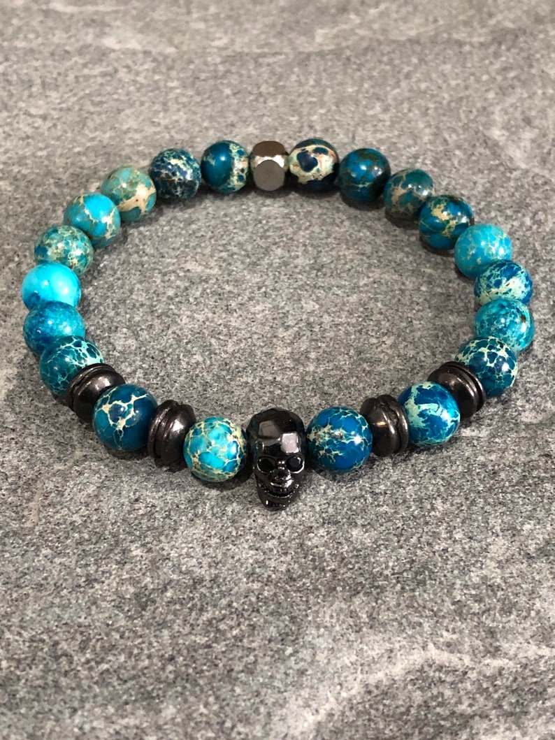 Natural Stone Beaded Black or Silver Skull Bracelet 8mm Blue Imperial Jasper