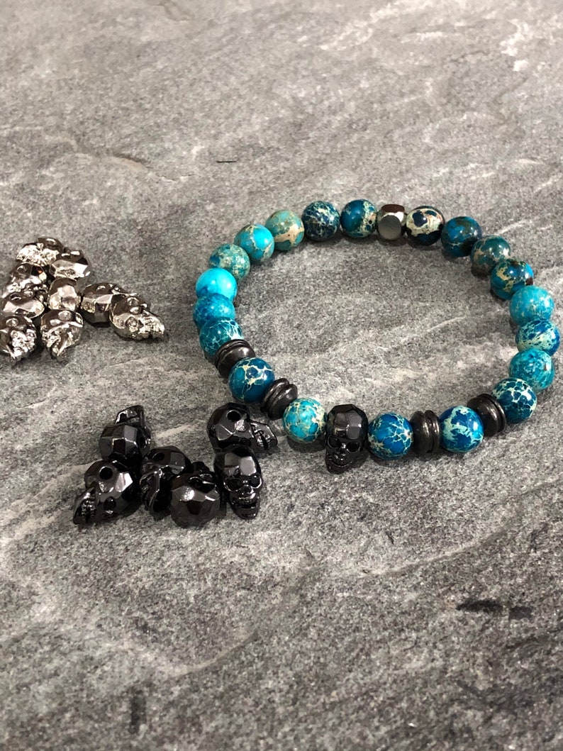 Natural Stone Beaded Black or Silver Skull Bracelet 8mm Blue Imperial Jasper