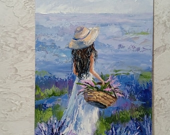 Provence Painting Oil Art landscape Painting with lavender Painting With a Girl Original painting 8*12" by GMarinaArt
