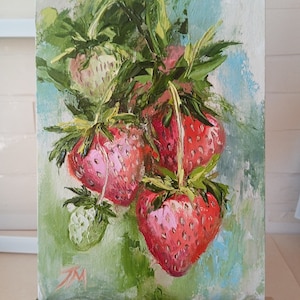 Strawberry Painting Fruit Original art Berries painting Impasto Oil painting on canvas 6*8in by GMarinaArt