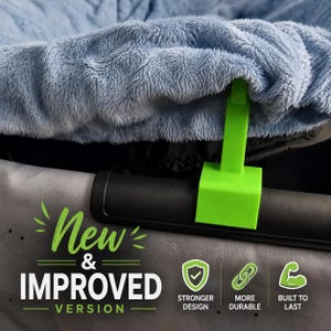 May include: A bright green plastic clip attached to a soft, light blue plush fabric edge. The gray base features the text New & IMPROVED VERSION with icons for a shield, chain links, and a bicep, labeled STRONGER DESIGN, MORE DURABLE, and BUILT TO LAST.