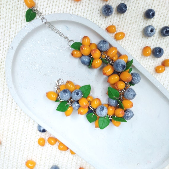 Handmade Polymer Clay Bracelet Blueberry & Sea Buckthorn Jewelry