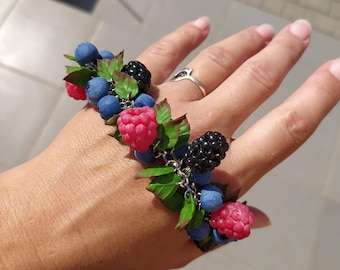 Berry Polymer Clay Bracelet Raspberry, Blueberry, Blackberry Jewelry