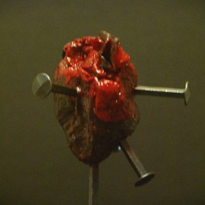 Tortured heart, real BIG bloody heart pierced with real hand forged iron coffin nails mounted on XL nail and black base