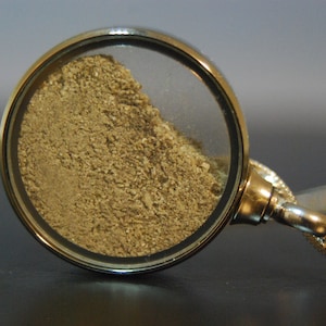 Könnte beinhalten: Eine goldfarbene Halskette mit einem runden Glasanhänger, der einen kleinen Haufen braunen Sand enthält.