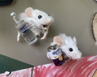 Happy drunk mouse head mounts- it's 5 o'clock somewhere - Darkly Hilarious Gag Gift availeble with and without magnet backing.