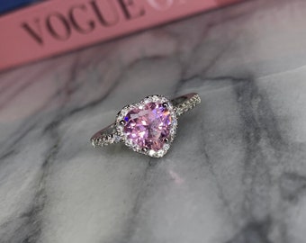 Halo Heart Pink Ring Pink Diamond Sterling Silver Ring Halo Engagement Ring  Heart Cut Ring Pink CZ Ring Ring Gifts for Her 