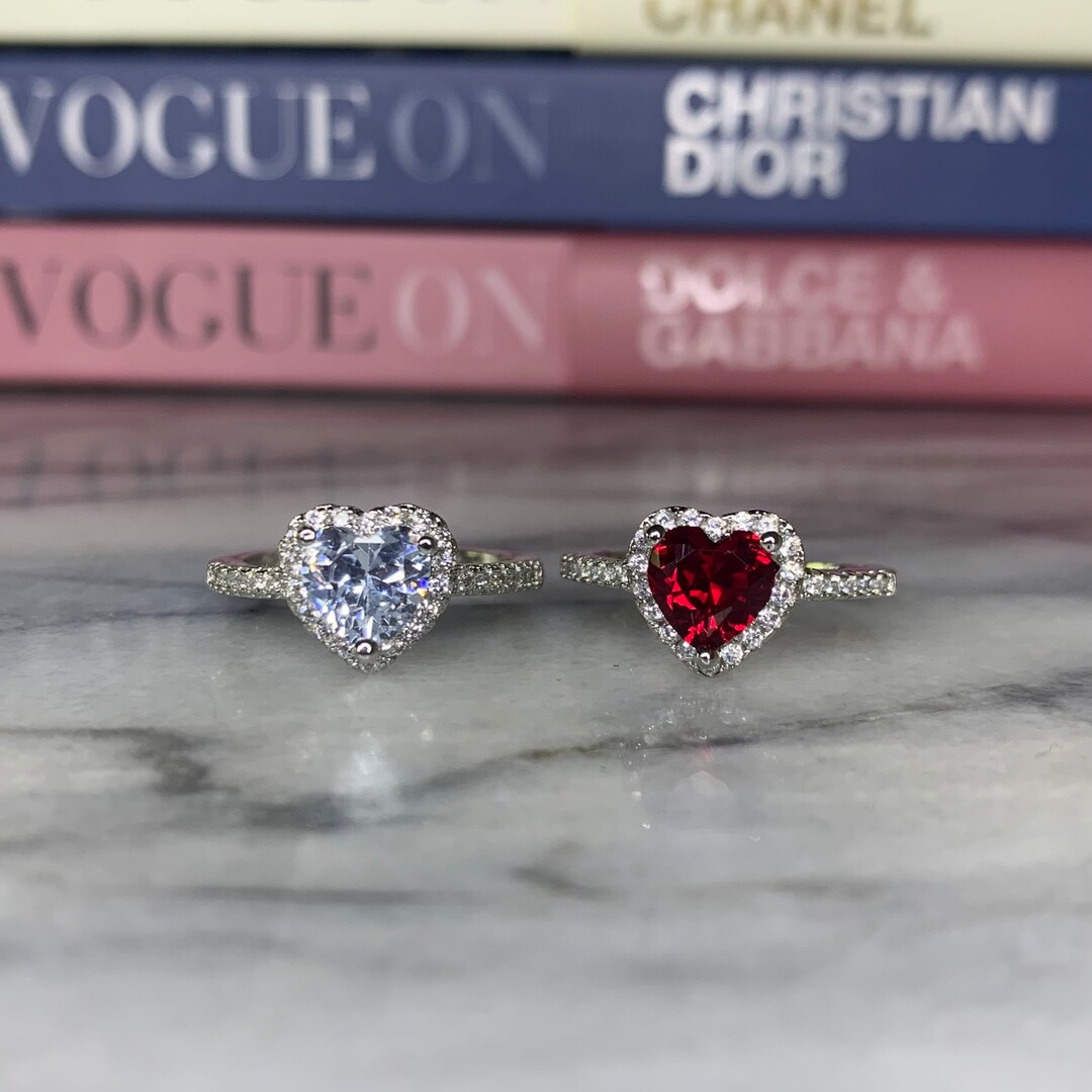 Halo Heart Ring, Sterling Silver, Ruby Heart Ring, Engagement Ring ...