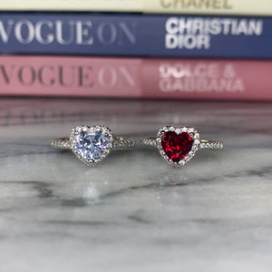 Halo Heart Ring, Sterling Silver, Ruby Heart Ring, Engagement Ring, July Birthstone Ring, March Ring, Mother’s Day, Graduation, Gift For Her