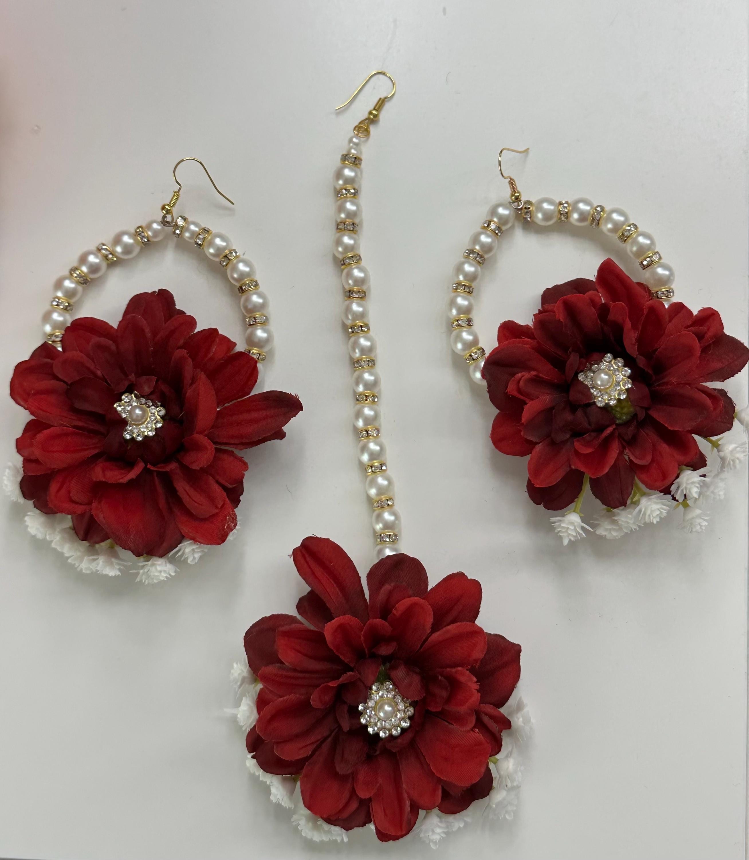 Kanyaadhan Handmade Floral Earrings,  Tikka and Haathpool Set Ruby — where bold florals meet bridal elegance ❤️? Our  main image 2