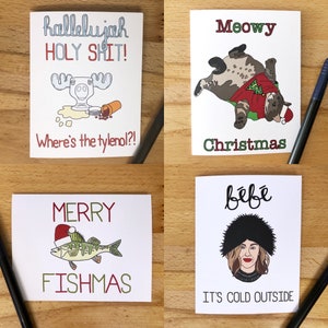 PACK OF 4 Cartes de Noël, Cartes de Vacances assorties, Party Pack Cartes de Noël, Chat Noël, Poisson Noël, Moira Rose, Clark Griswold Vacances