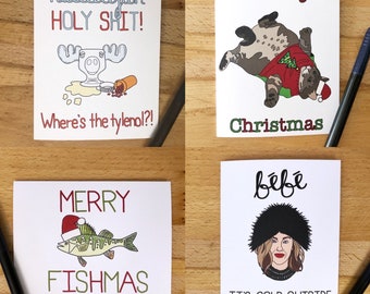 PACK OF 4 Christmas Cards, Assorted Holiday Cards, Party Pack Xmas Cards, Cat Christmas, Fish Christmas, Moira Rose, Clark Griswold Holiday