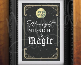 PRINTABLE ART Vintage Halloween Moonlight Midnight & Magic Creepy Moon Downloadable Digital Print