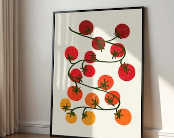 May include: A framed wall art print featuring a vertical illustration of a vine with multiple round tomatoes in varying shades of red, orange, and yellow. The tomatoes are connected by a dark green stem against a solid light beige background.