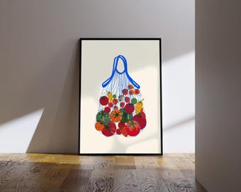 Impression de sac à provisions avec vigne tomate : art mural rétro de cuisine de gourmets
