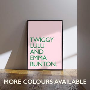 Può includere: Un poster rosa incorniciato con i nomi "Twiggy, Lulu e Emma Bunton" in testo verde. La frase "MORE COLOURS AVAILABLE" è stampata in bianco in basso. Il poster è esposto su un pavimento in legno.