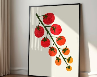 May include: A framed wall art print featuring a graphic illustration of a vine of tomatoes. The tomatoes transition in color from deep red at the top to orange and yellow at the bottom, connected by a dark green stem against a light beige background.