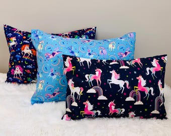 Whimsical Unicorn Toddler Pillowcase • 13x18 Cotton Envelope Cover (Choose Design)