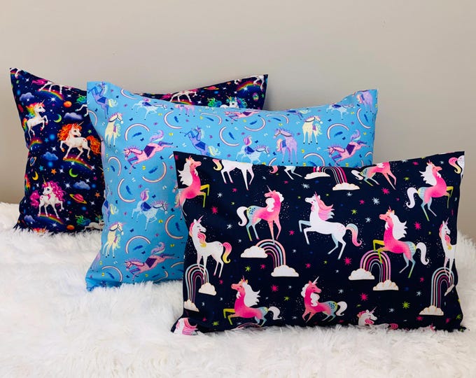 Magical Unicorns 13x18 Toddler Pillowcase • 3 Handmade Cotton Designs Girls Bedding Travel Pillow Cover