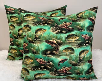 Rustic Bass Fish Throw Pillow Covers • Denim Patchwork, Lake House Decor (Set of 2)