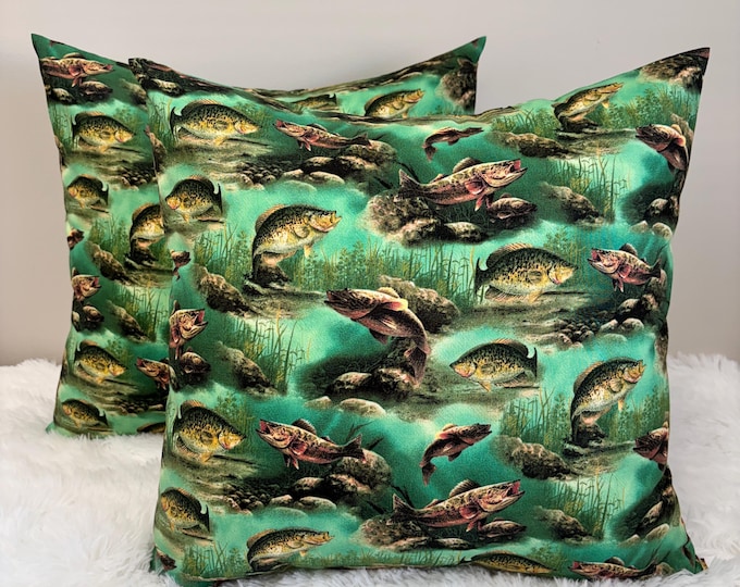 Set of 2 • Rustic Scenic Bass Fish 18x18 Throw Pillow Covers • Lake House & Cabin Decor