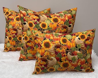 Autumn Cornucopia & Sunflowers Throw Pillow Cover • 18x18 12x16 10x15 Fall Harvest Accent Pillowcase