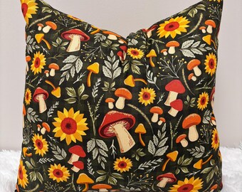 Cottagecore Sunflower Mushroom Pillow Covers • 18x18 Cotton, Woodland Botanical (Set of 2)