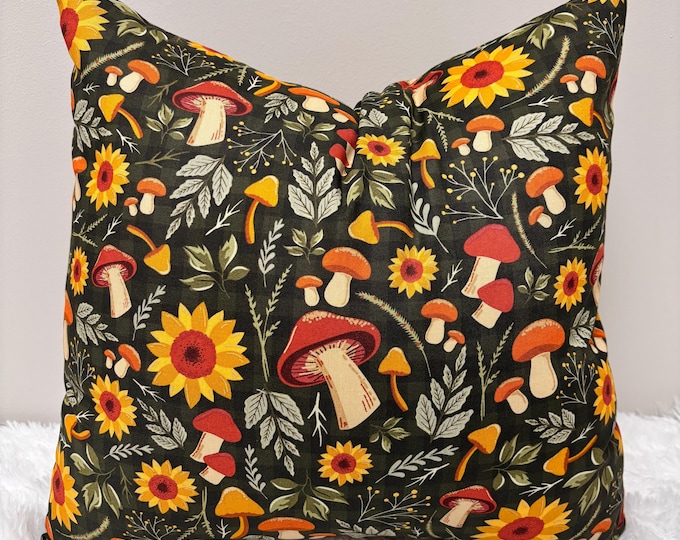 Set of 2 • Cottagecore Sunflower & Mushroom 18x18 Throw Pillow Covers • Woodland Decor