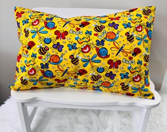 Colorful Bugs & Insects Yellow Cotton Pillowcase | Toddler Travel Size