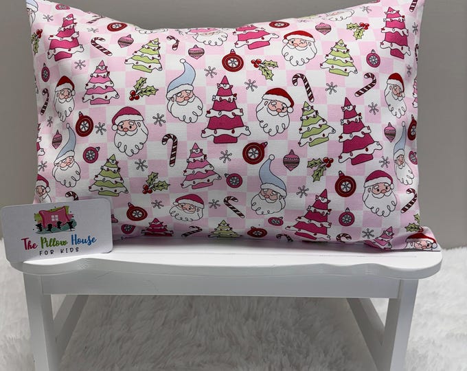 Pink Checkered Vintage Santa & Trees Kids Toddler Pillowcase Travel or Comfort Pillow Case Cover