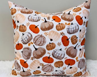 Rustic Autumn Pumpkin Pillow Covers • Farmhouse Plaid, Knit, Burlap Textures (18x18)