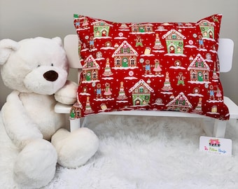 Handmade Gingerbread Village Pillowcase • Red Holiday Cotton Cover